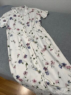 Vintage Floral Linen Maxi Dress Large Button Front Modest Y2K